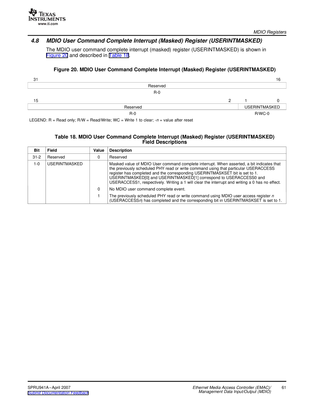 Texas Instruments TMS320DM643X DMP manual USERINTMASKED0 and USERINTMASKED1 correspond to USERACCESS0 