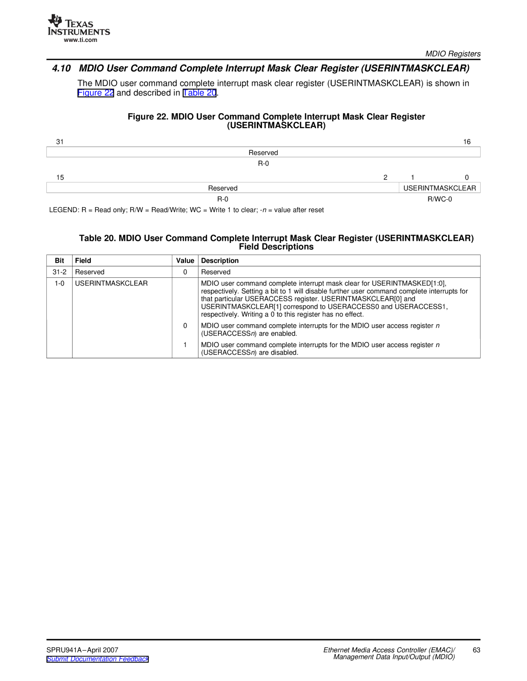 Texas Instruments TMS320DM643X DMP manual Userintmaskclear 