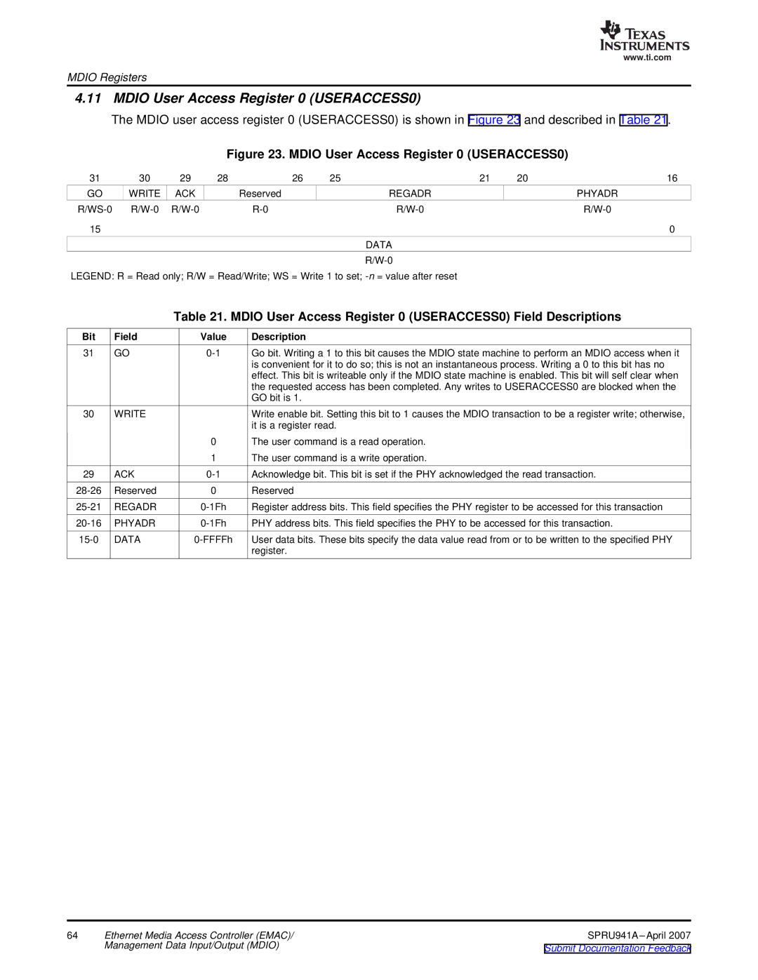 Texas Instruments TMS320DM643X DMP manual Mdio User Access Register 0 USERACCESS0 