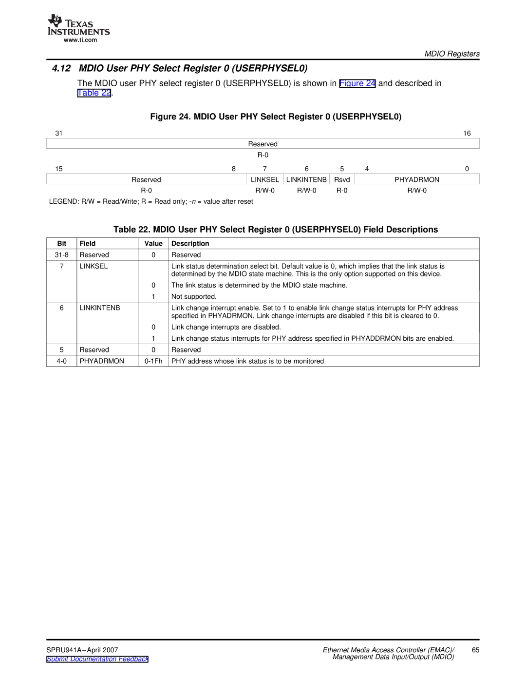 Texas Instruments TMS320DM643X DMP manual Mdio User PHY Select Register 0 USERPHYSEL0, Linksel Linkintenb, Phyadrmon 