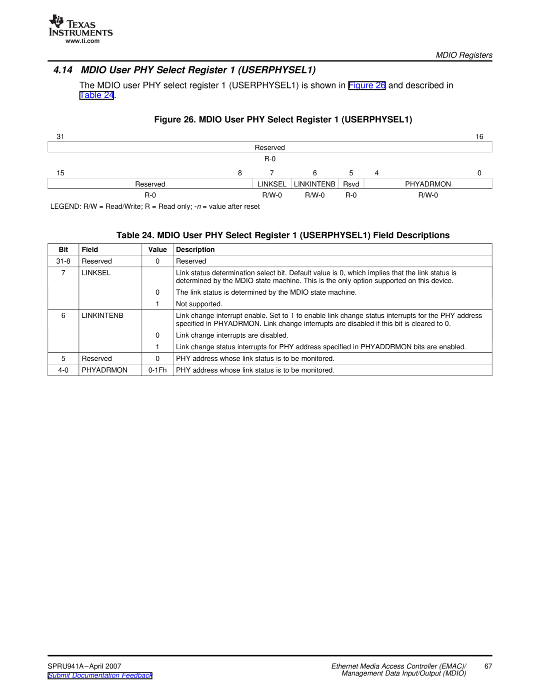 Texas Instruments TMS320DM643X DMP manual Mdio User PHY Select Register 1 USERPHYSEL1 