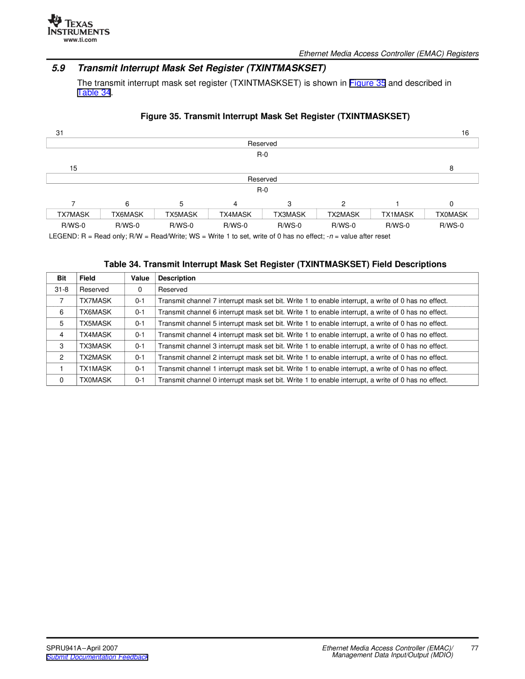 Texas Instruments TMS320DM643X DMP manual Transmit Interrupt Mask Set Register Txintmaskset, TX7MASK 