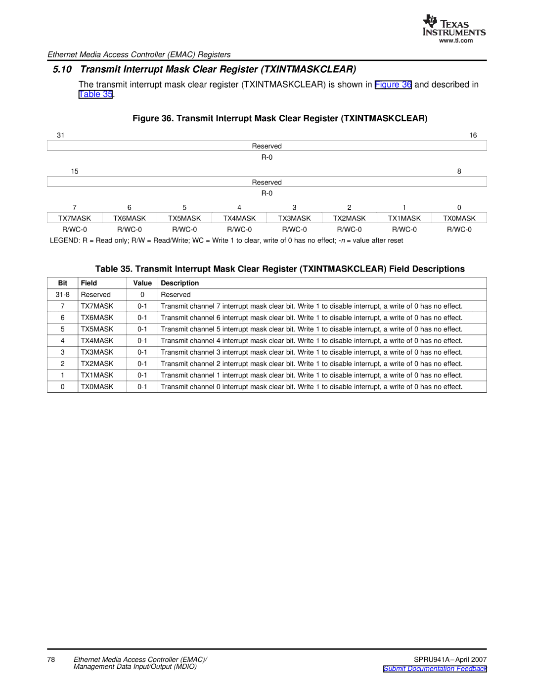 Texas Instruments TMS320DM643X DMP manual Transmit Interrupt Mask Clear Register Txintmaskclear 