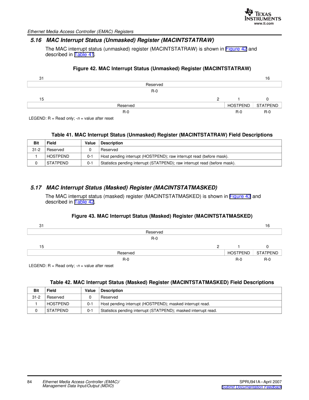 Texas Instruments TMS320DM643X DMP manual MAC Interrupt Status Unmasked Register Macintstatraw, Hostpend Statpend 