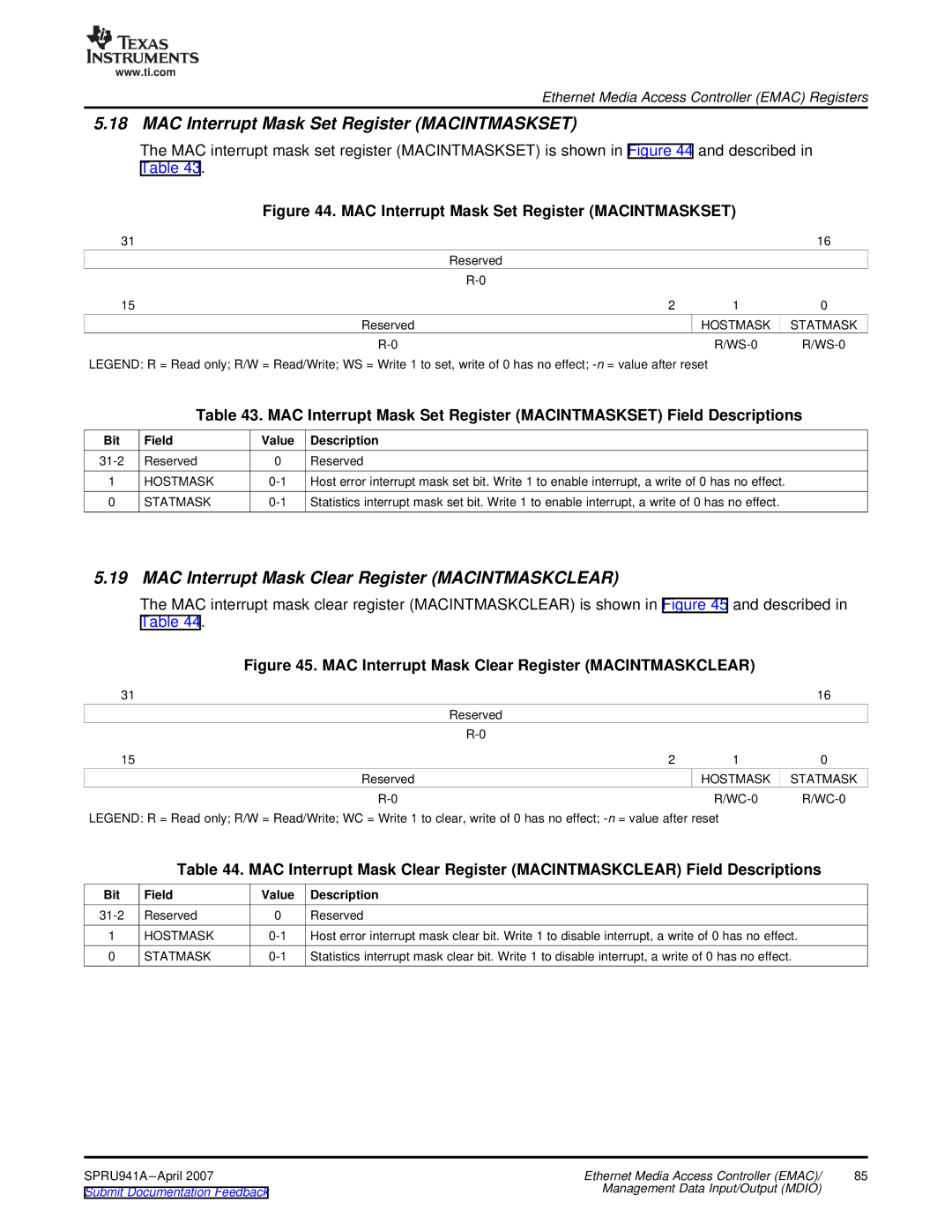 Texas Instruments TMS320DM643X DMP manual MAC Interrupt Mask Set Register Macintmaskset, Hostmask Statmask 