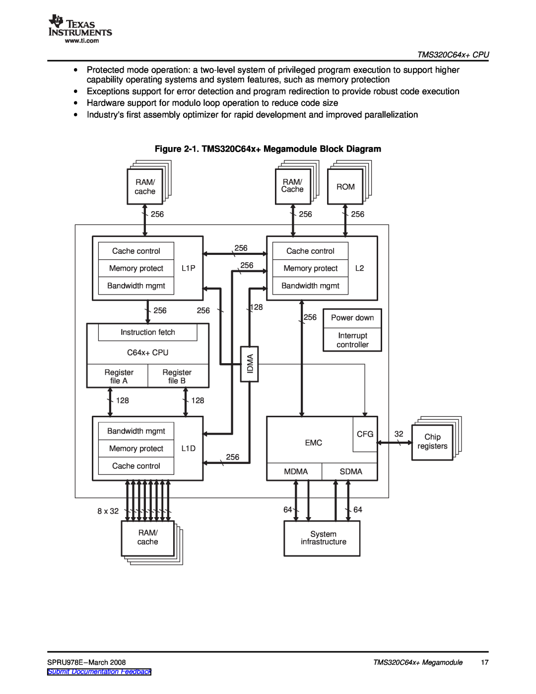 Texas Instruments TMS320DM643x manual 1. TMS320C64x+ Megamodule Block Diagram 