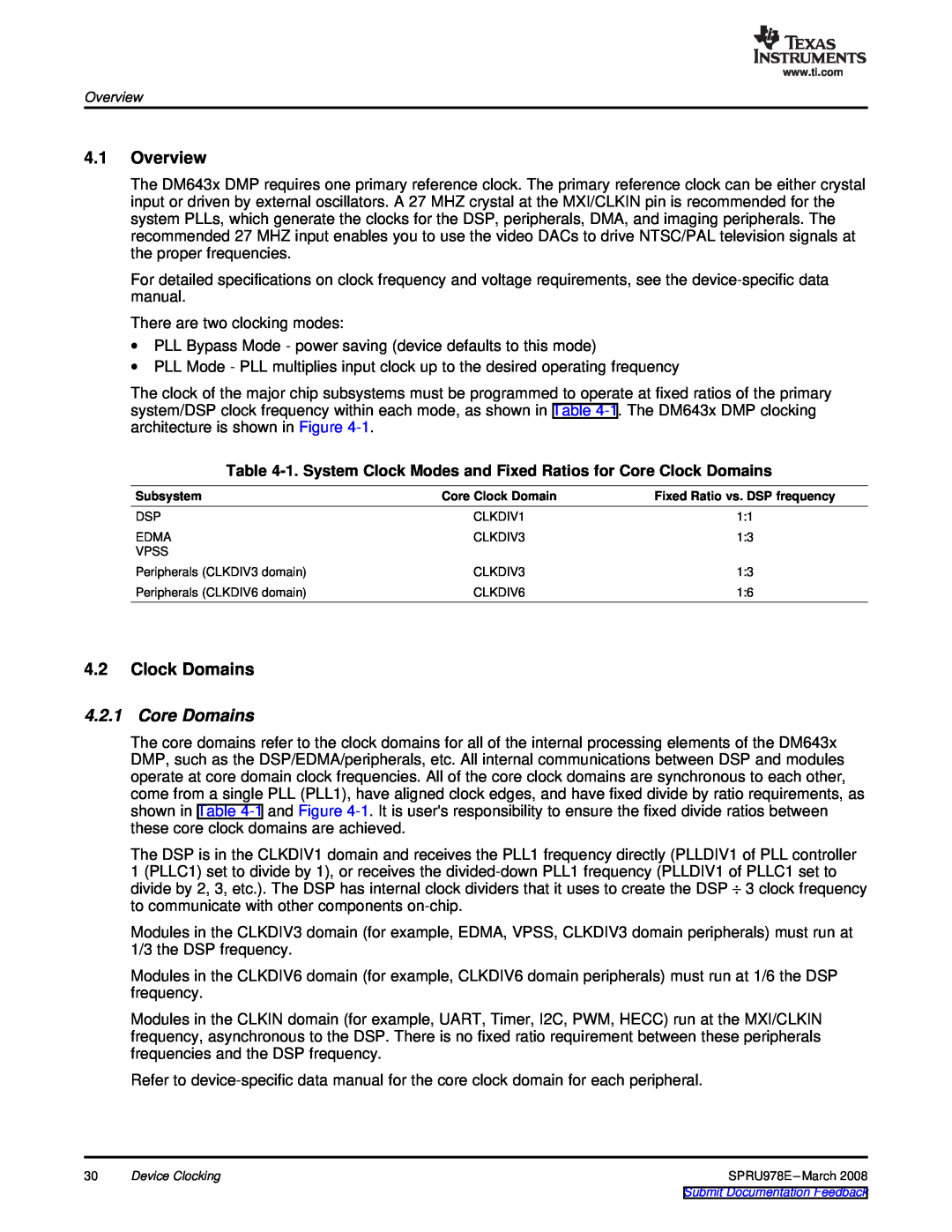Texas Instruments TMS320DM643x manual Overview, Clock Domains, Core Domains 