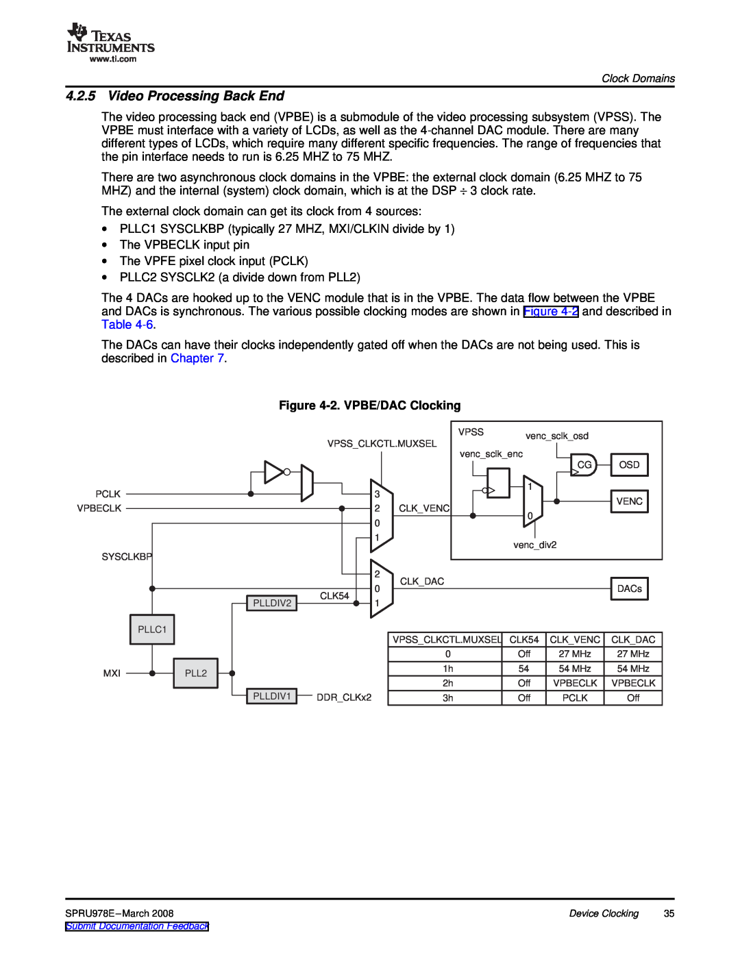 Texas Instruments TMS320DM643x manual Video Processing Back End, 2. VPBE/DAC Clocking 
