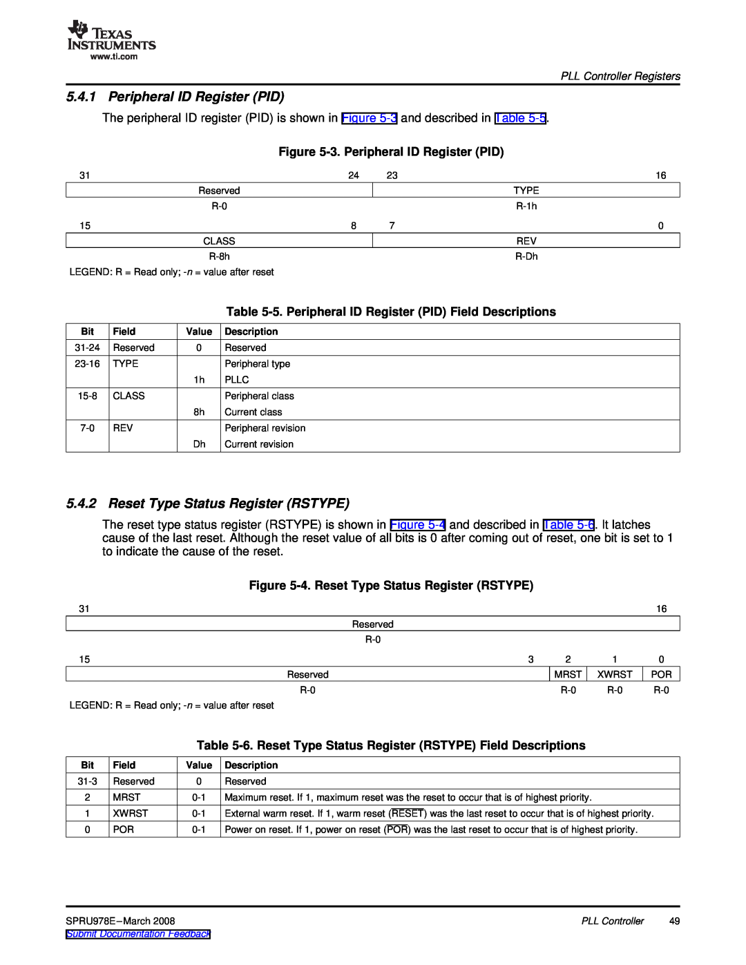 Texas Instruments TMS320DM643x manual Peripheral ID Register PID, Reset Type Status Register RSTYPE 