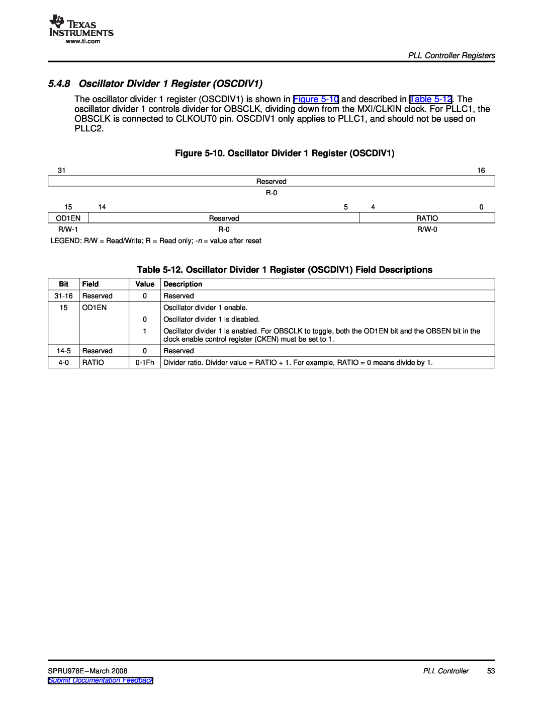Texas Instruments TMS320DM643x 10. Oscillator Divider 1 Register OSCDIV1, PLL Controller Registers, Field, Description 