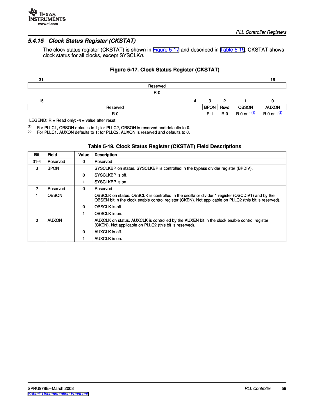Texas Instruments TMS320DM643x 17. Clock Status Register CKSTAT, 19. Clock Status Register CKSTAT Field Descriptions 