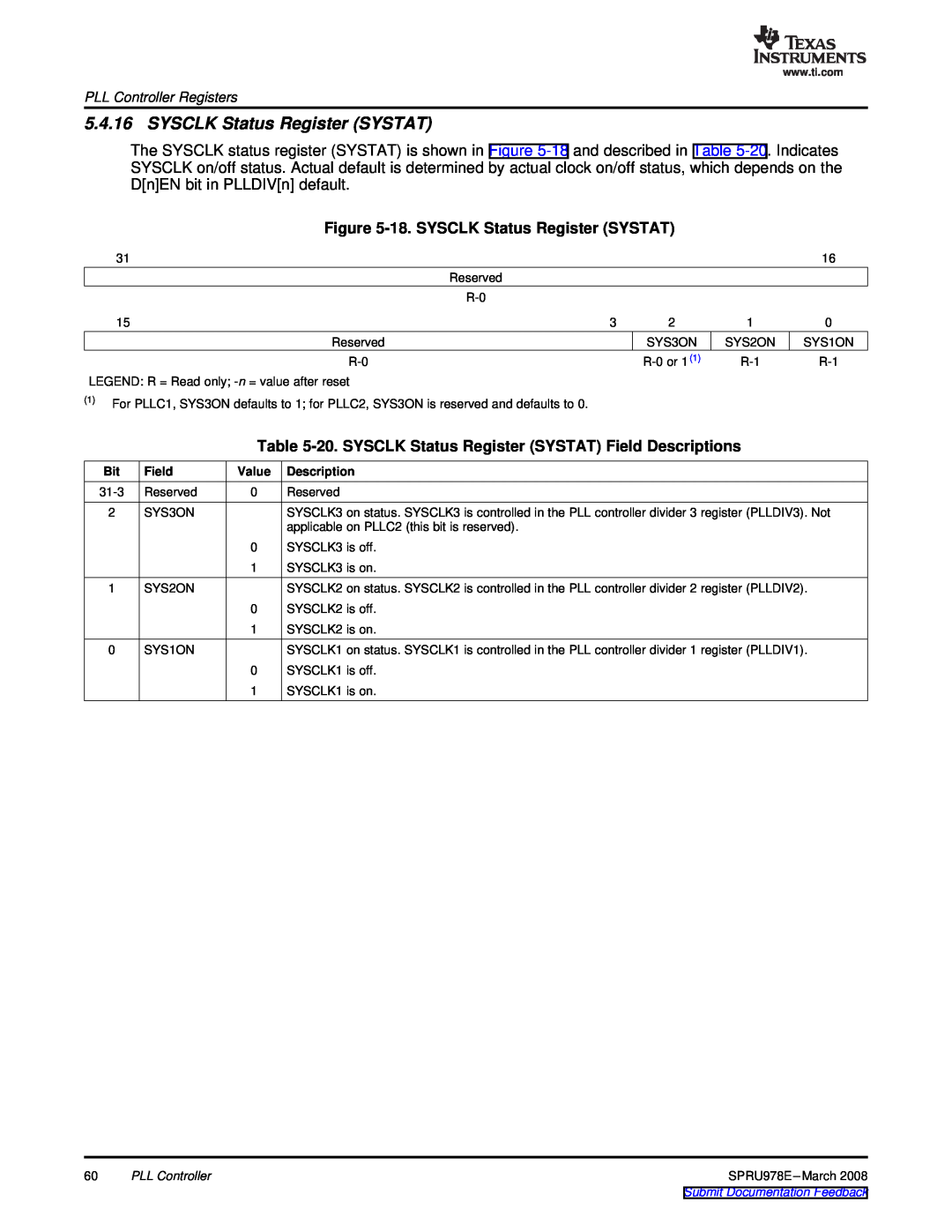 Texas Instruments TMS320DM643x 18. SYSCLK Status Register SYSTAT, 20. SYSCLK Status Register SYSTAT Field Descriptions 