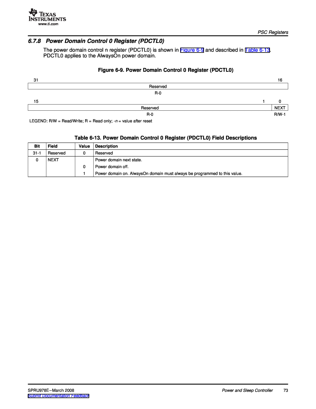 Texas Instruments TMS320DM643x manual 9. Power Domain Control 0 Register PDCTL0, PSC Registers, Field, Description 