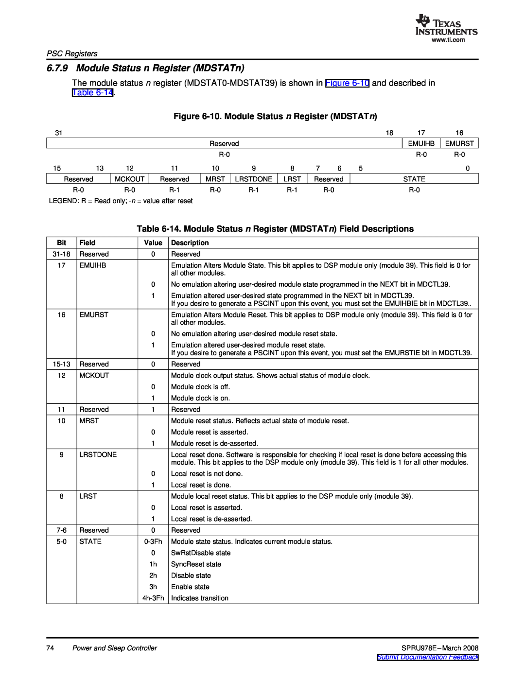 Texas Instruments TMS320DM643x manual 10. Module Status n Register MDSTATn, PSC Registers, Field, Value, Description 