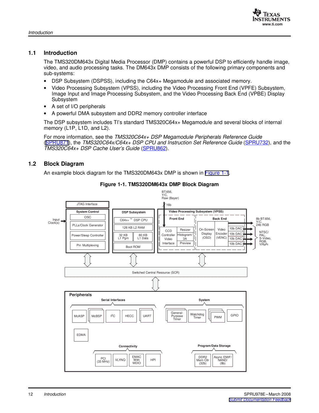 Texas Instruments TMS320DM643x manual Introduction, Block Diagram, Peripherals 