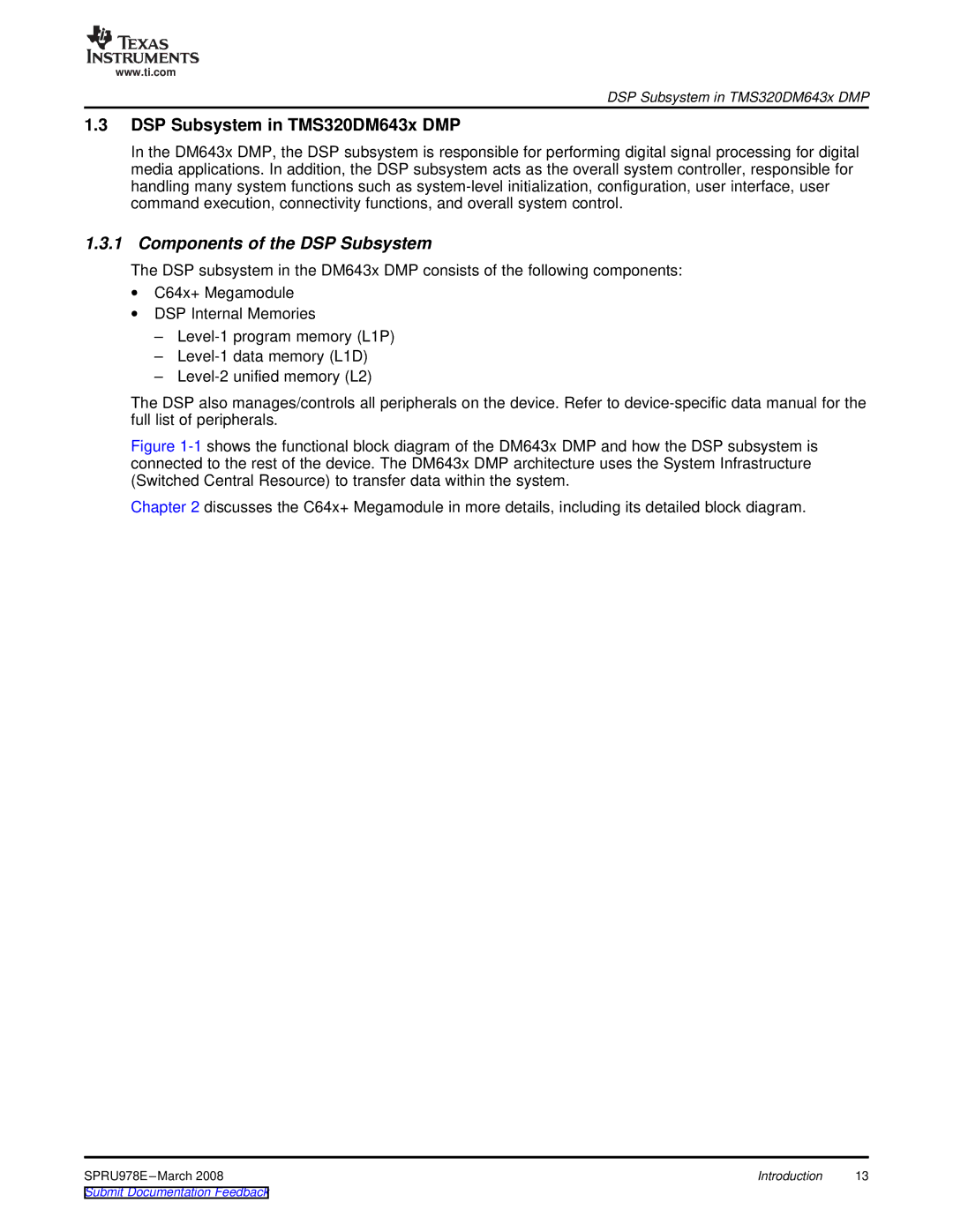 Texas Instruments manual DSP Subsystem in TMS320DM643x DMP, Components of the DSP Subsystem 