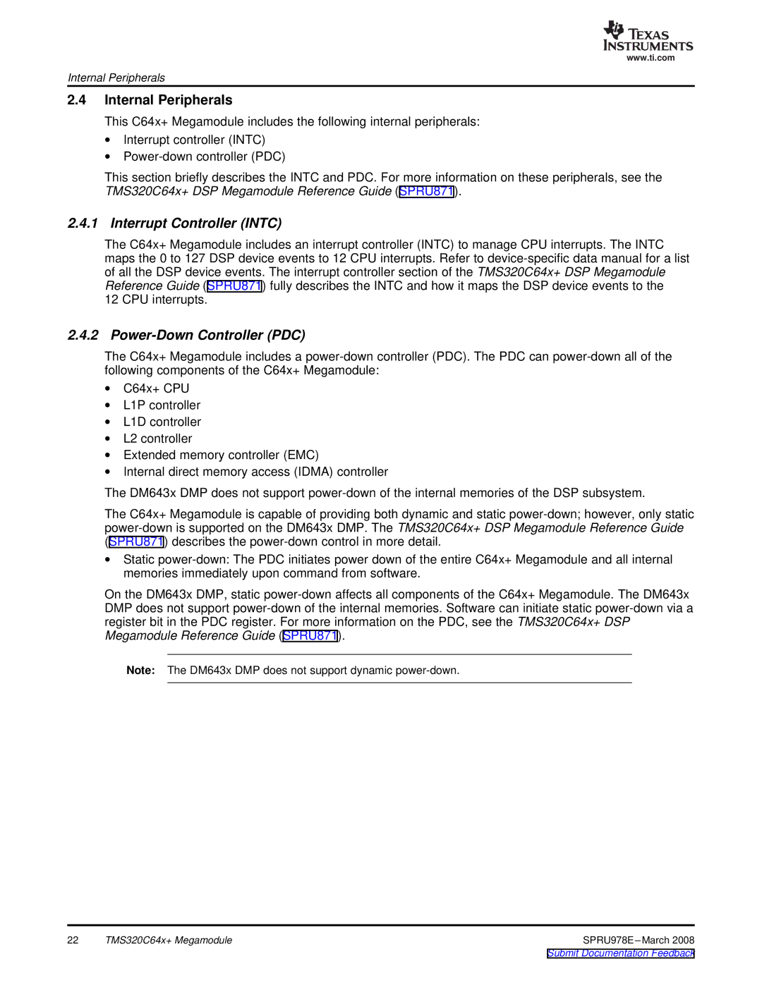 Texas Instruments TMS320DM643x manual Internal Peripherals, Interrupt Controller Intc, Power-Down Controller PDC 