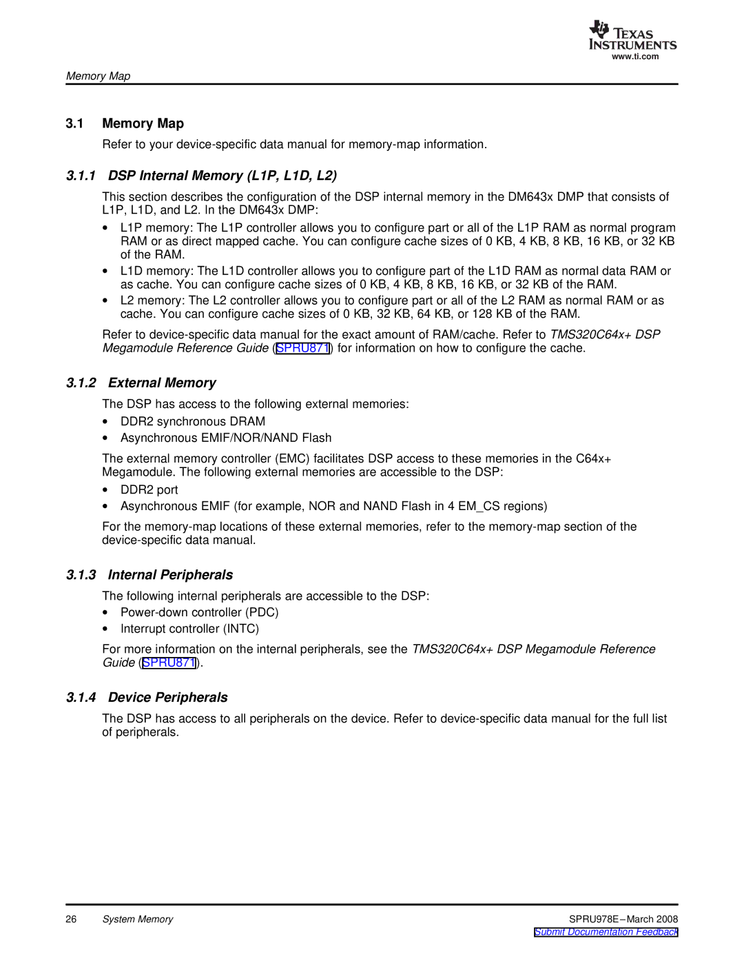 Texas Instruments TMS320DM643x manual Memory Map, DSP Internal Memory L1P, L1D, L2, External Memory, Internal Peripherals 