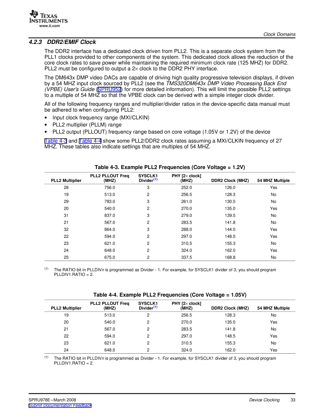 Texas Instruments TMS320DM643x manual 3 DDR2/EMIF Clock, Example PLL2 Frequencies Core Voltage = 