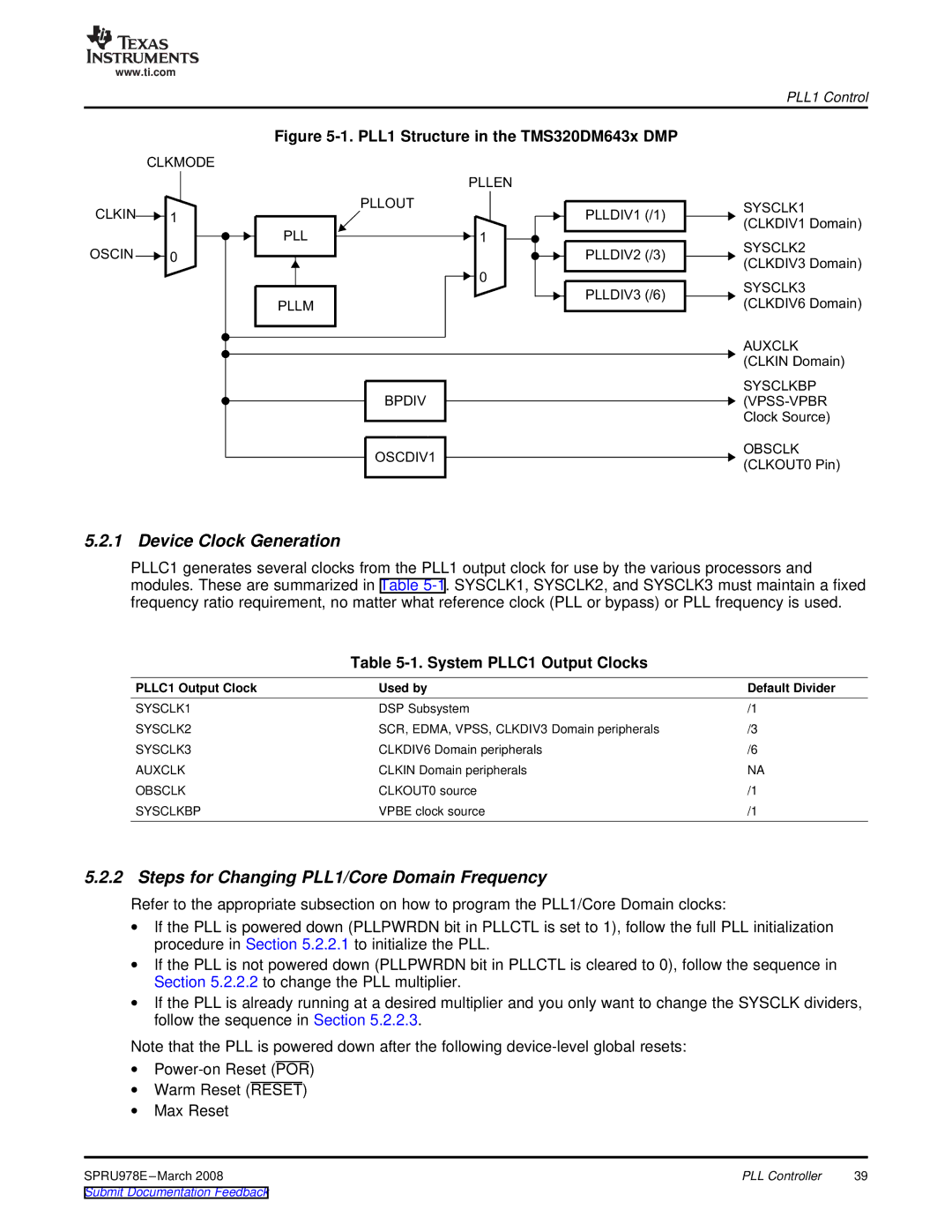 Texas Instruments TMS320DM643x manual Device Clock Generation, Steps for Changing PLL1/Core Domain Frequency 