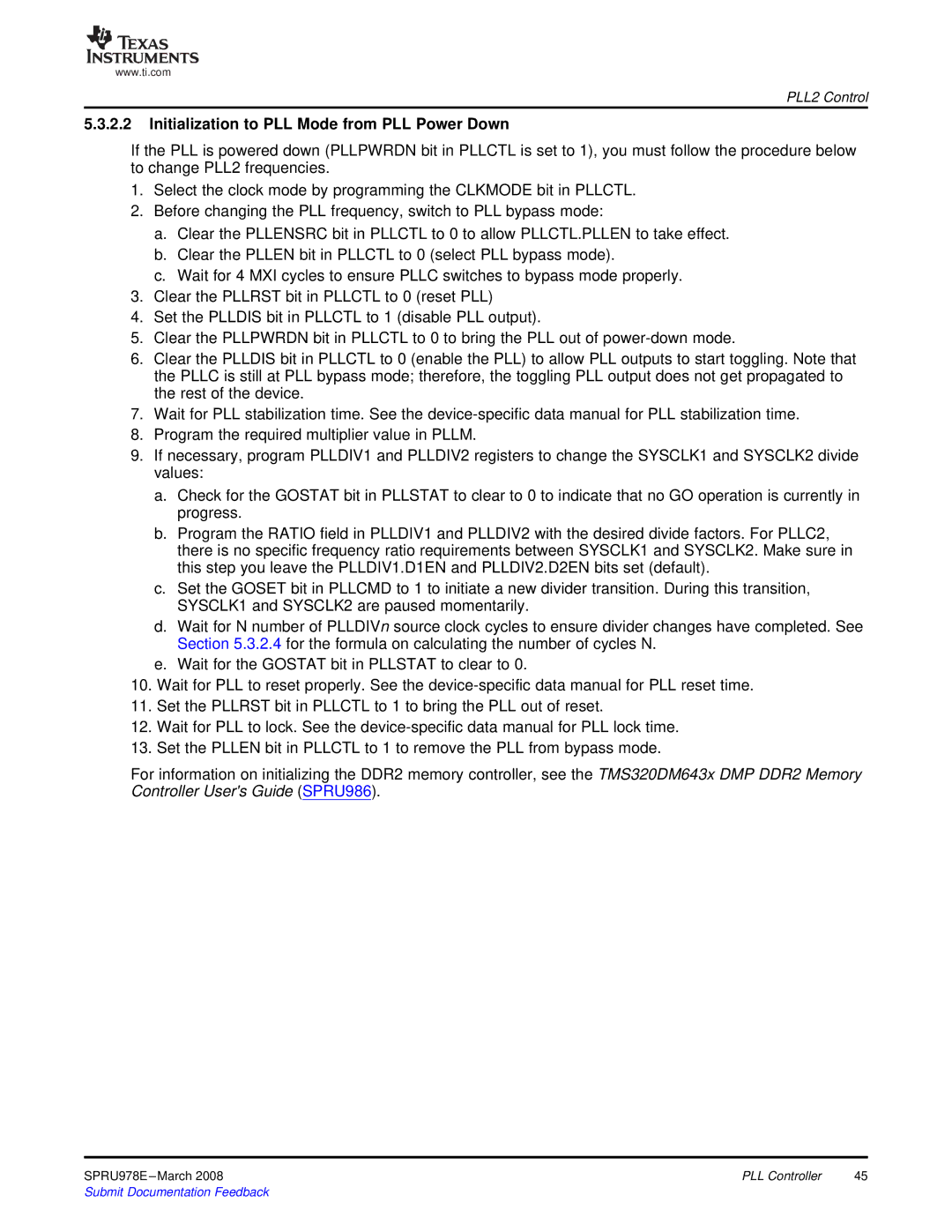 Texas Instruments TMS320DM643x manual Initialization to PLL Mode from PLL Power Down 