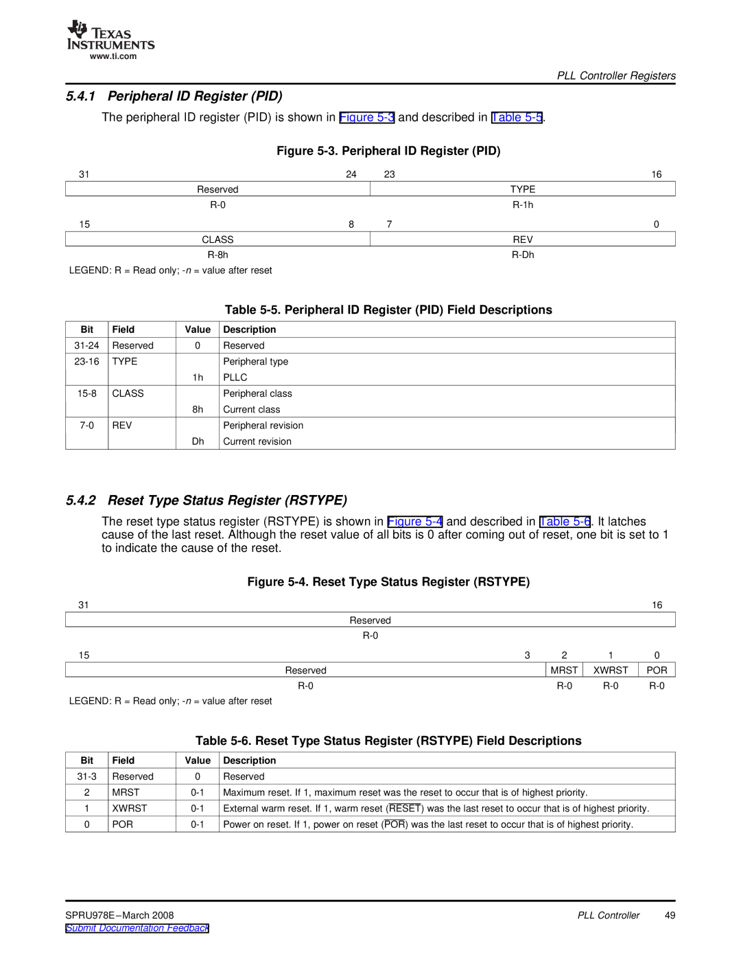 Texas Instruments TMS320DM643x manual Peripheral ID Register PID, Reset Type Status Register Rstype 