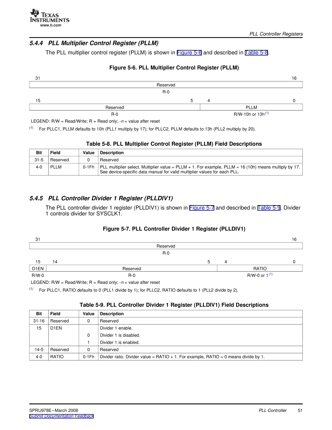 Texas Instruments TMS320DM643x manual PLL Multiplier Control Register Pllm, PLL Controller Divider 1 Register PLLDIV1, D1EN 
