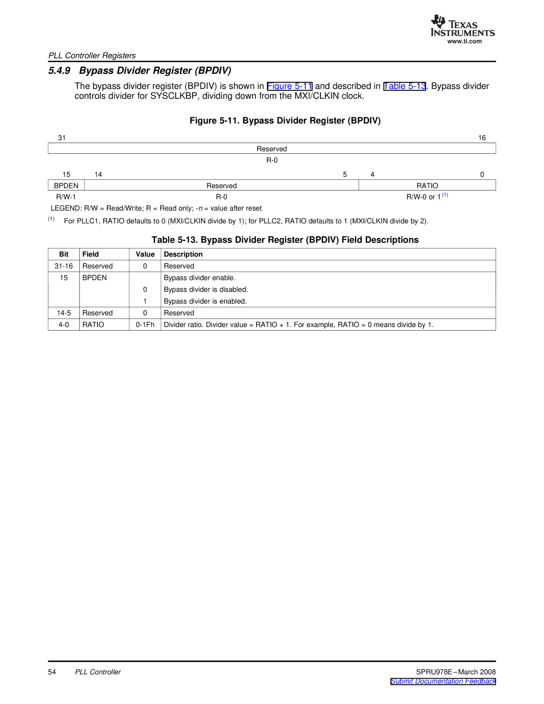 Texas Instruments TMS320DM643x manual Bypass Divider Register Bpdiv Field Descriptions, Bpden 