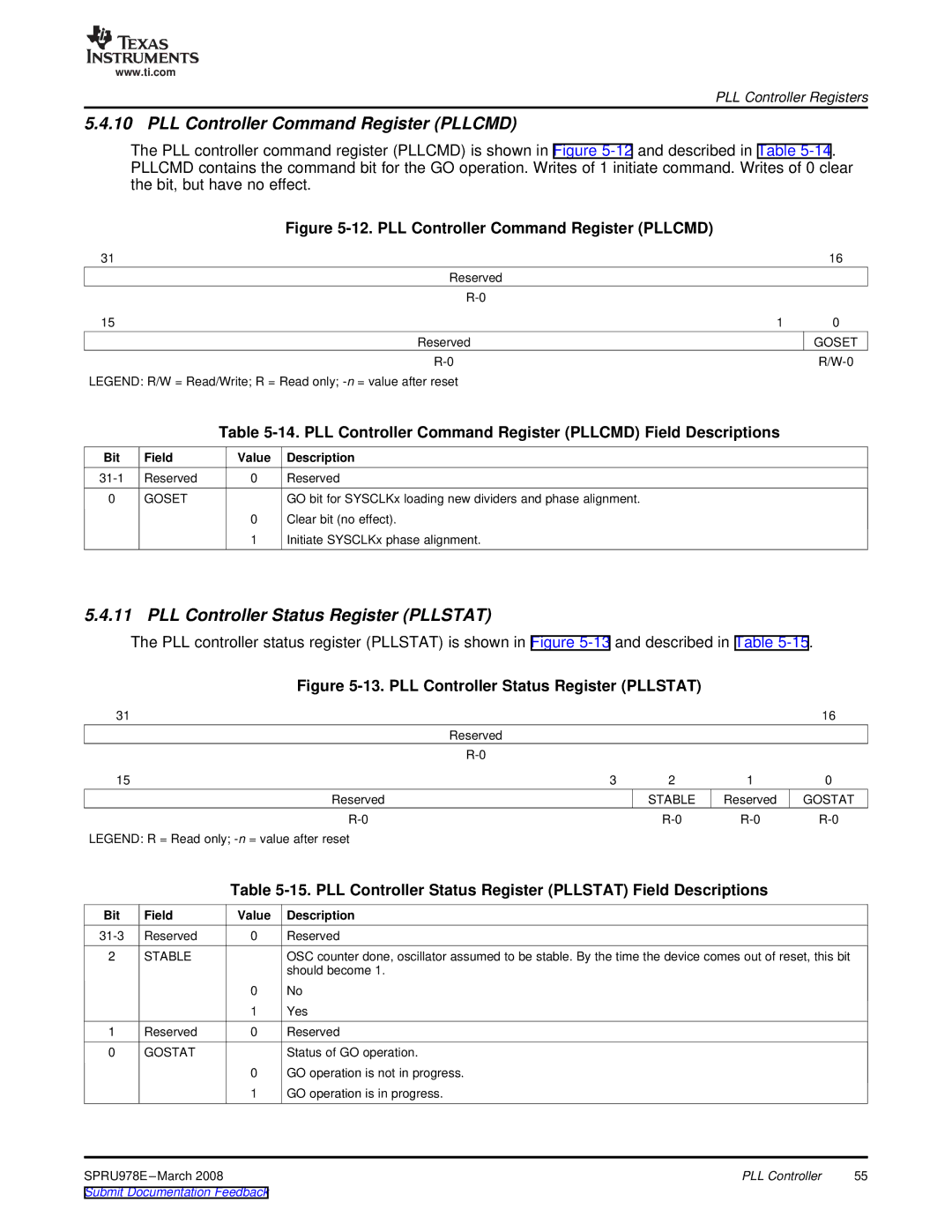 Texas Instruments TMS320DM643x manual PLL Controller Command Register Pllcmd, PLL Controller Status Register Pllstat, Goset 