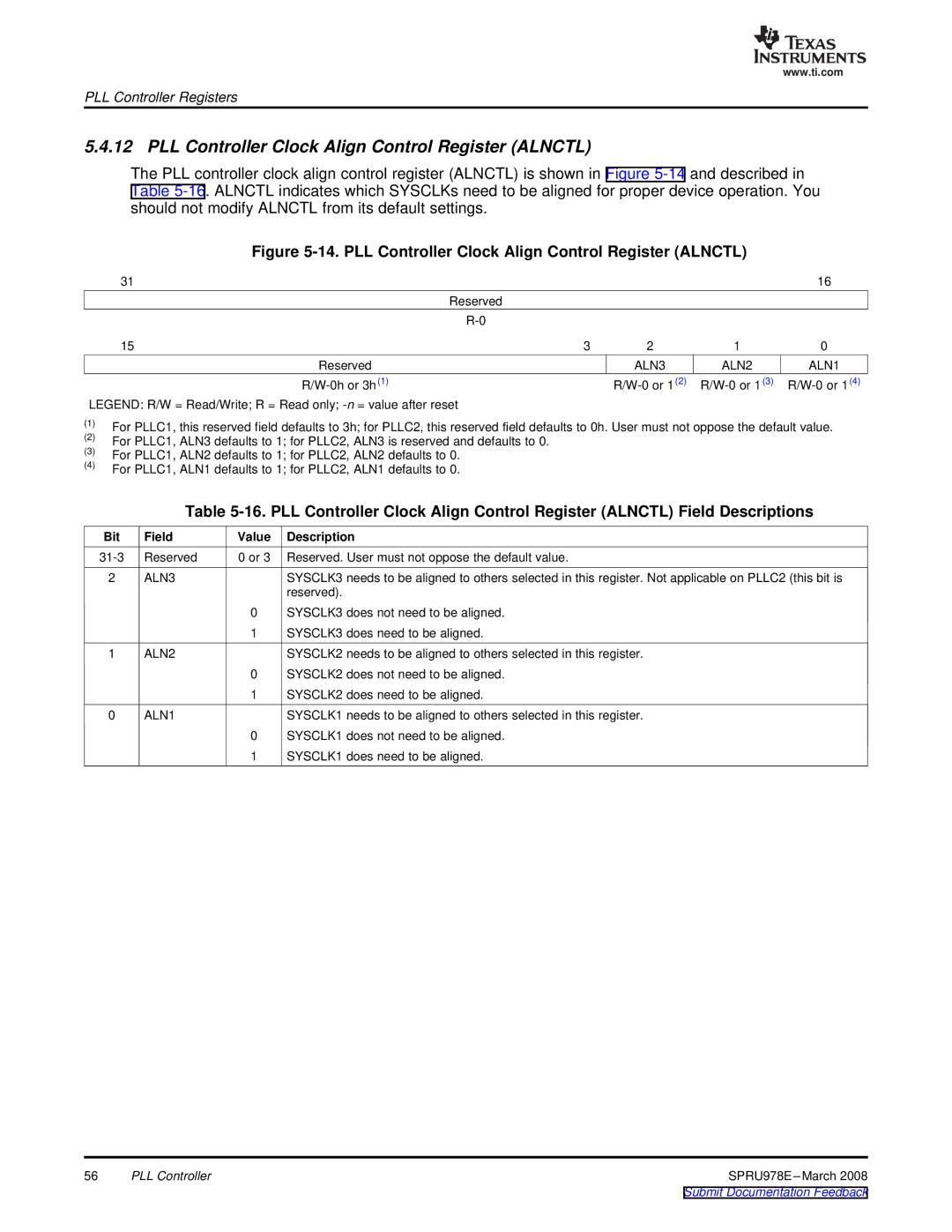 Texas Instruments TMS320DM643x manual PLL Controller Clock Align Control Register Alnctl, ALN2 ALN1, ALN3 