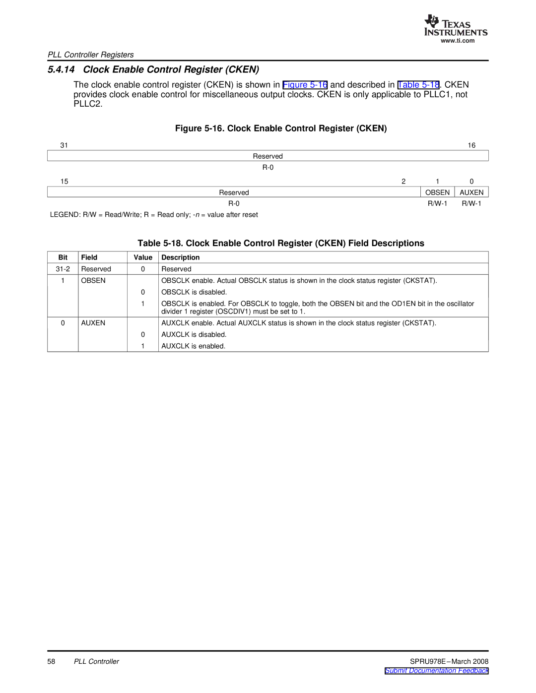 Texas Instruments TMS320DM643x manual Clock Enable Control Register Cken Field Descriptions, Obsen Auxen 