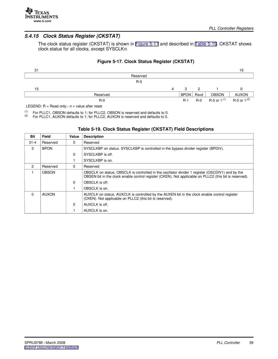 Texas Instruments TMS320DM643x manual Clock Status Register Ckstat Field Descriptions, Bpon, Obson Auxon 