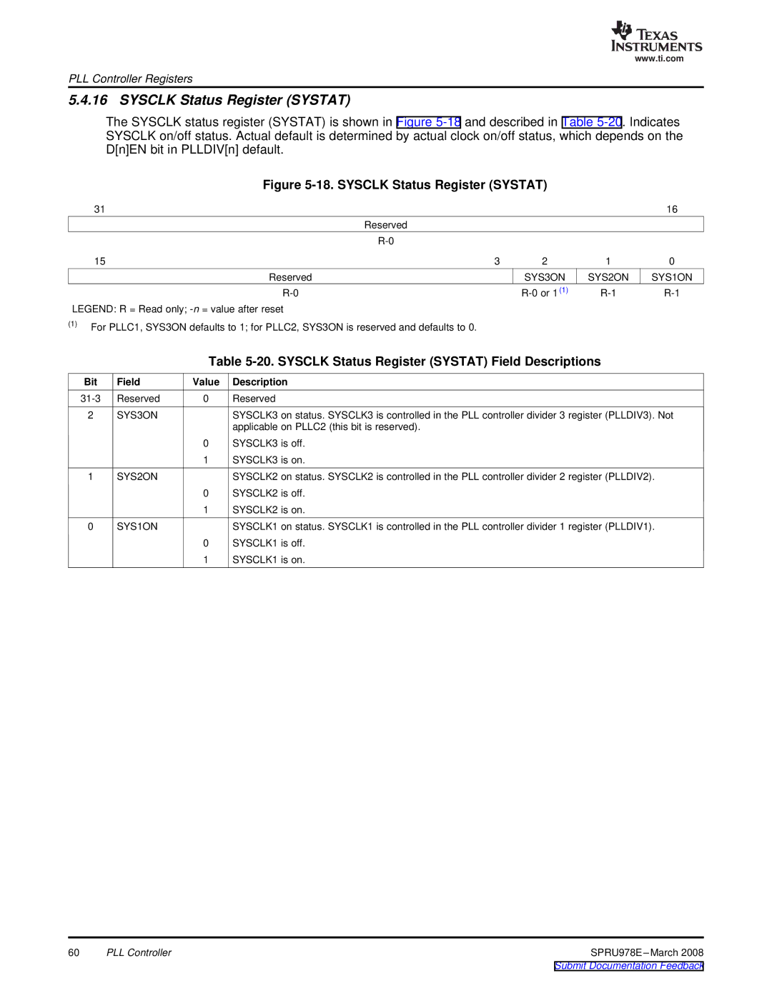 Texas Instruments TMS320DM643x manual Sysclk Status Register Systat Field Descriptions, SYS3ON SYS2ON SYS1ON 