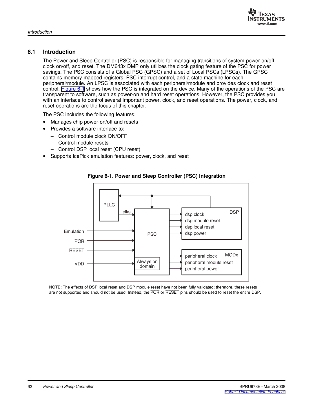 Texas Instruments TMS320DM643x manual Power and Sleep Controller PSC Integration 