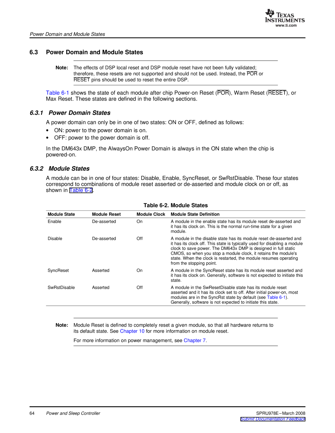 Texas Instruments TMS320DM643x manual Power Domain and Module States, Power Domain States 