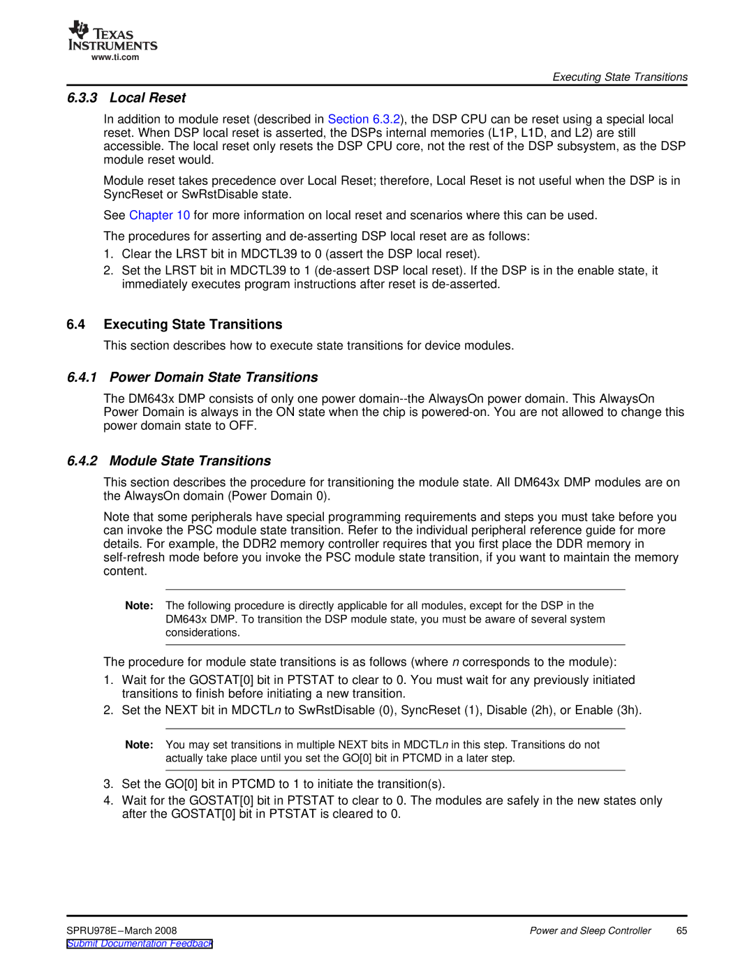 Texas Instruments TMS320DM643x manual Local Reset, Executing State Transitions, Power Domain State Transitions 