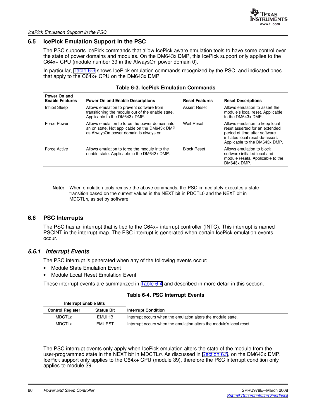 Texas Instruments TMS320DM643x manual IcePick Emulation Support in the PSC, PSC Interrupts, Interrupt Events 