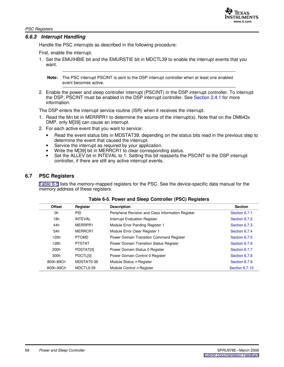 Texas Instruments TMS320DM643x manual Interrupt Handling, Power and Sleep Controller PSC Registers 
