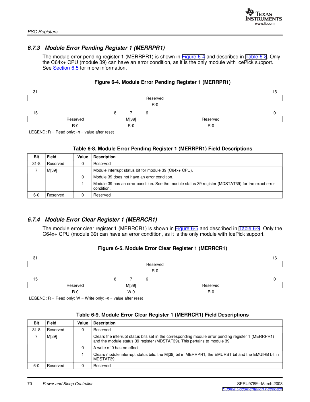 Texas Instruments TMS320DM643x manual Module Error Pending Register 1 MERRPR1, Module Error Clear Register 1 MERRCR1 