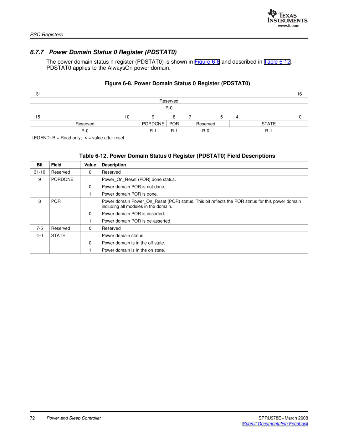 Texas Instruments TMS320DM643x manual Power Domain Status 0 Register PDSTAT0, Pordone POR, State 