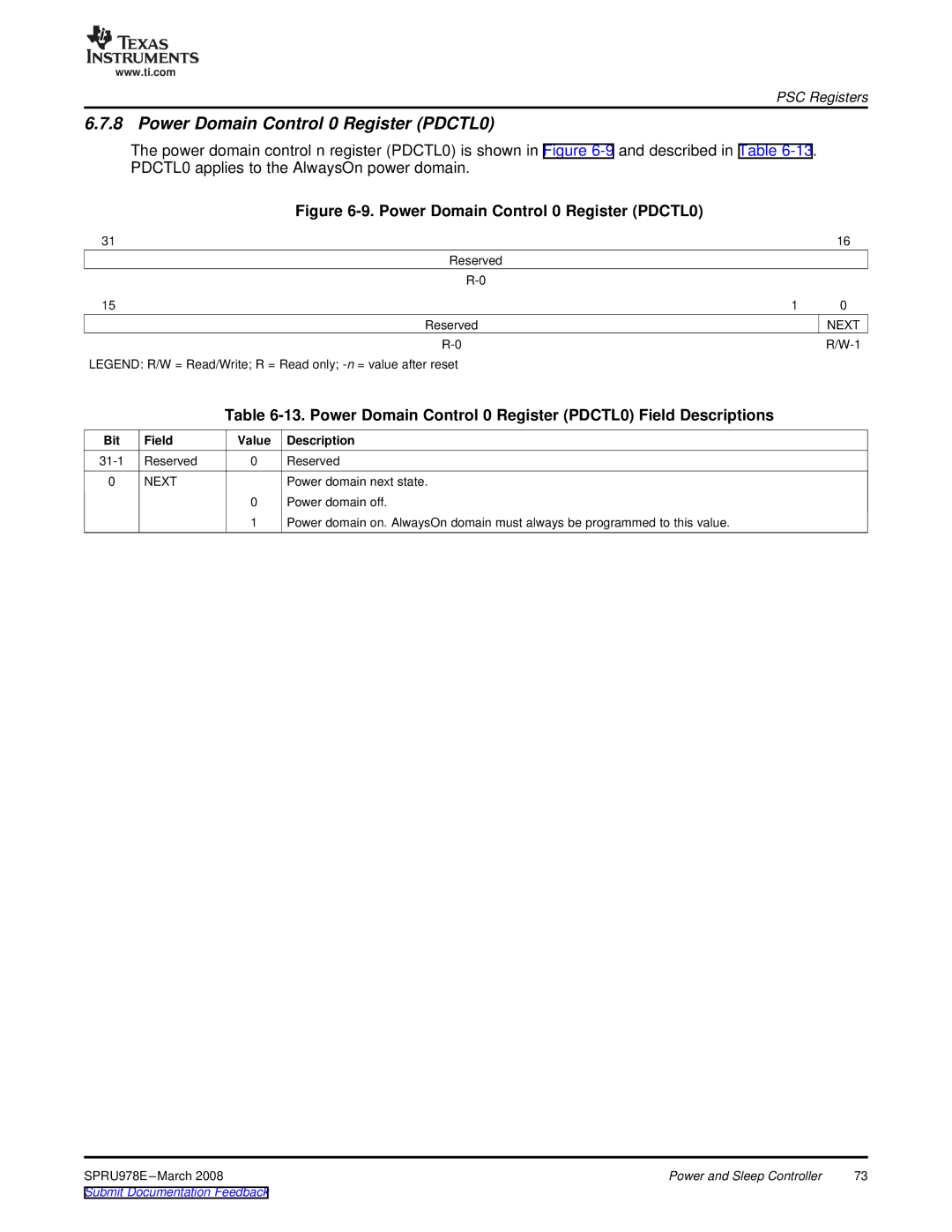 Texas Instruments TMS320DM643x manual Power Domain Control 0 Register PDCTL0, Next 