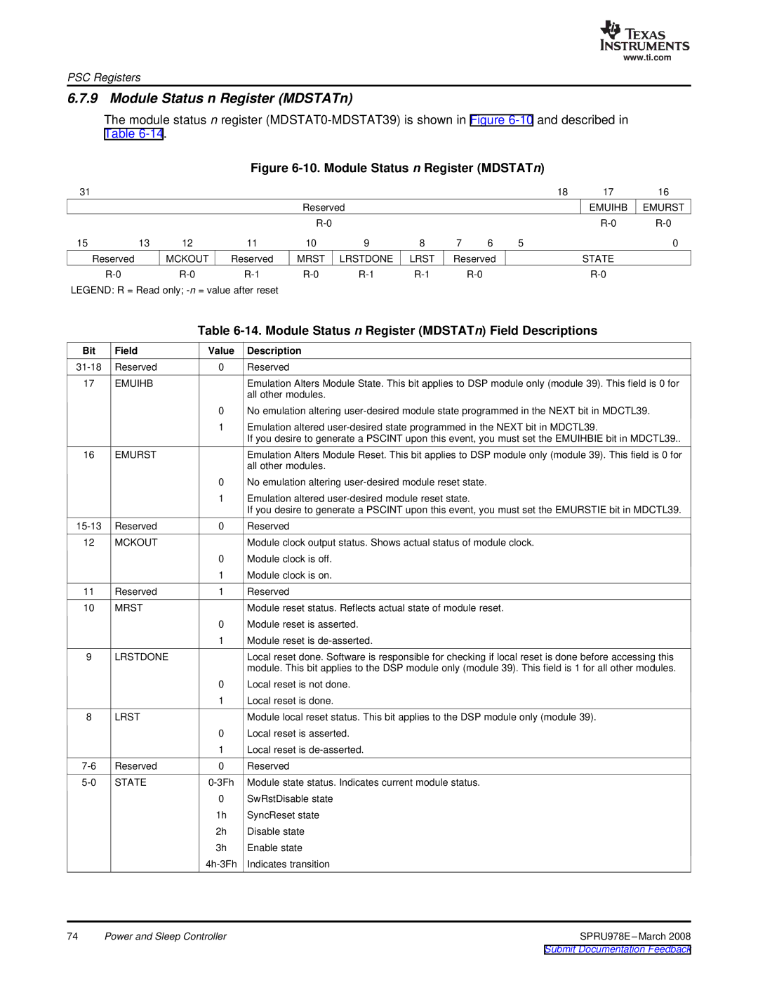 Texas Instruments TMS320DM643x manual Module Status n Register MDSTATn Field Descriptions 