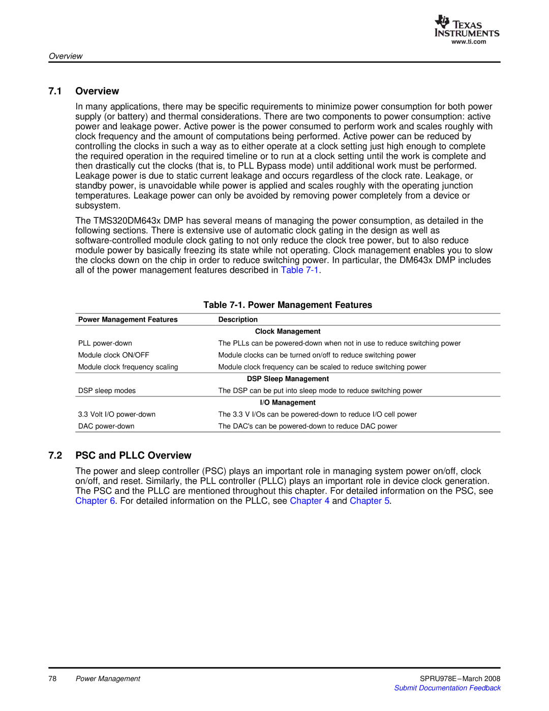 Texas Instruments TMS320DM643x manual PSC and Pllc Overview, Power Management Features Description 