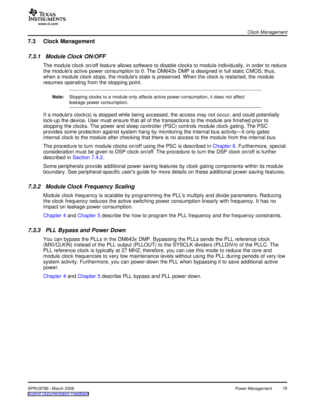 Texas Instruments TMS320DM643x manual Clock Management, Module Clock ON/OFF, Module Clock Frequency Scaling 