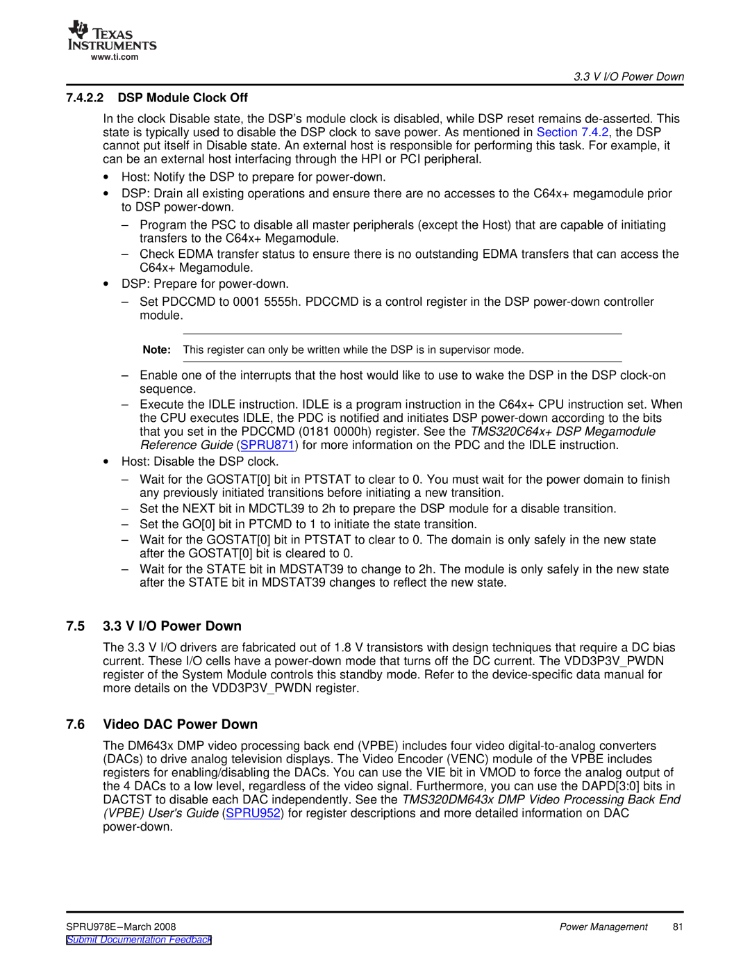 Texas Instruments TMS320DM643x manual 3.3 V I/O Power Down, Video DAC Power Down, DSP Module Clock Off 