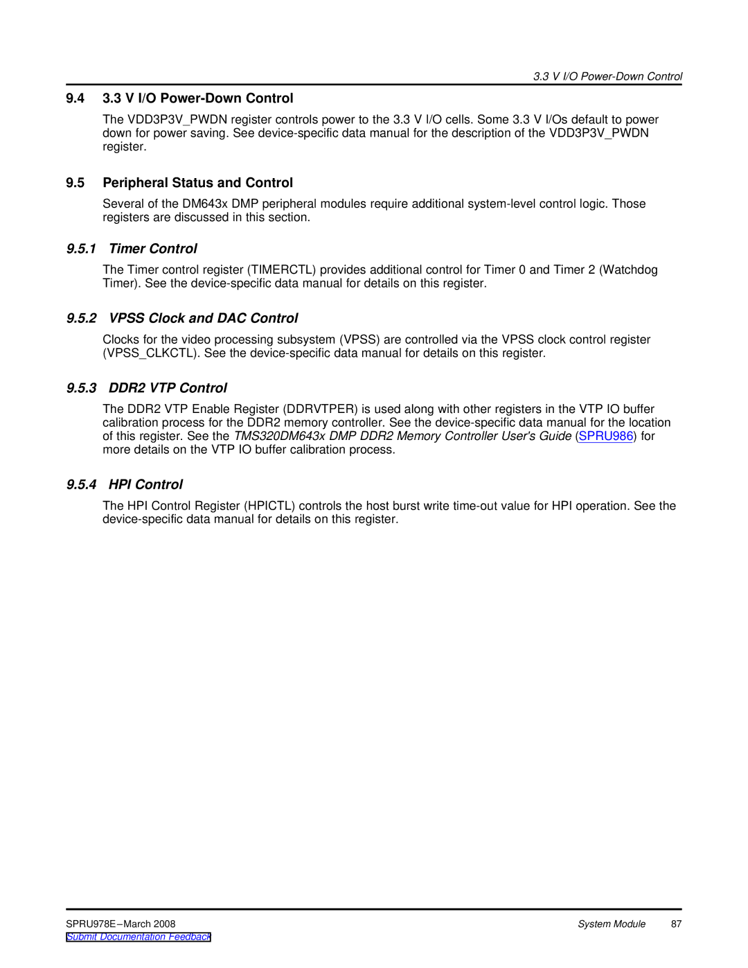 Texas Instruments TMS320DM643x manual Timer Control, Vpss Clock and DAC Control, 3 DDR2 VTP Control, HPI Control 
