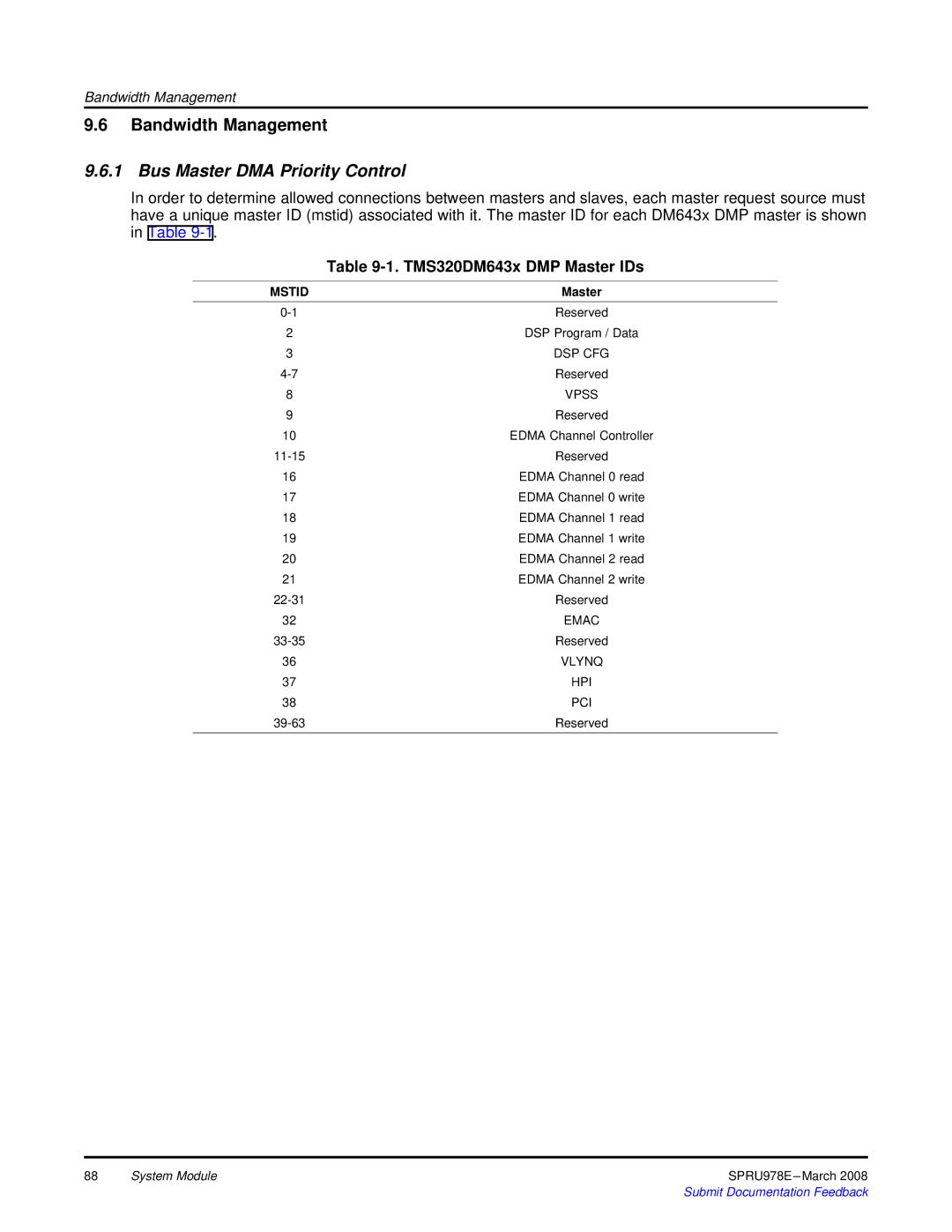 Texas Instruments manual Bandwidth Management, Bus Master DMA Priority Control, TMS320DM643x DMP Master IDs, Dsp Cfg 