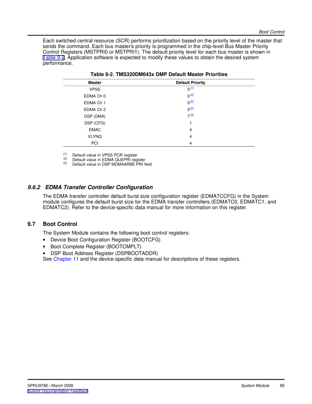 Texas Instruments TMS320DM643x manual Edma Transfer Controller Configuration, Boot Control, DSP DMA DSP CFG Emac 