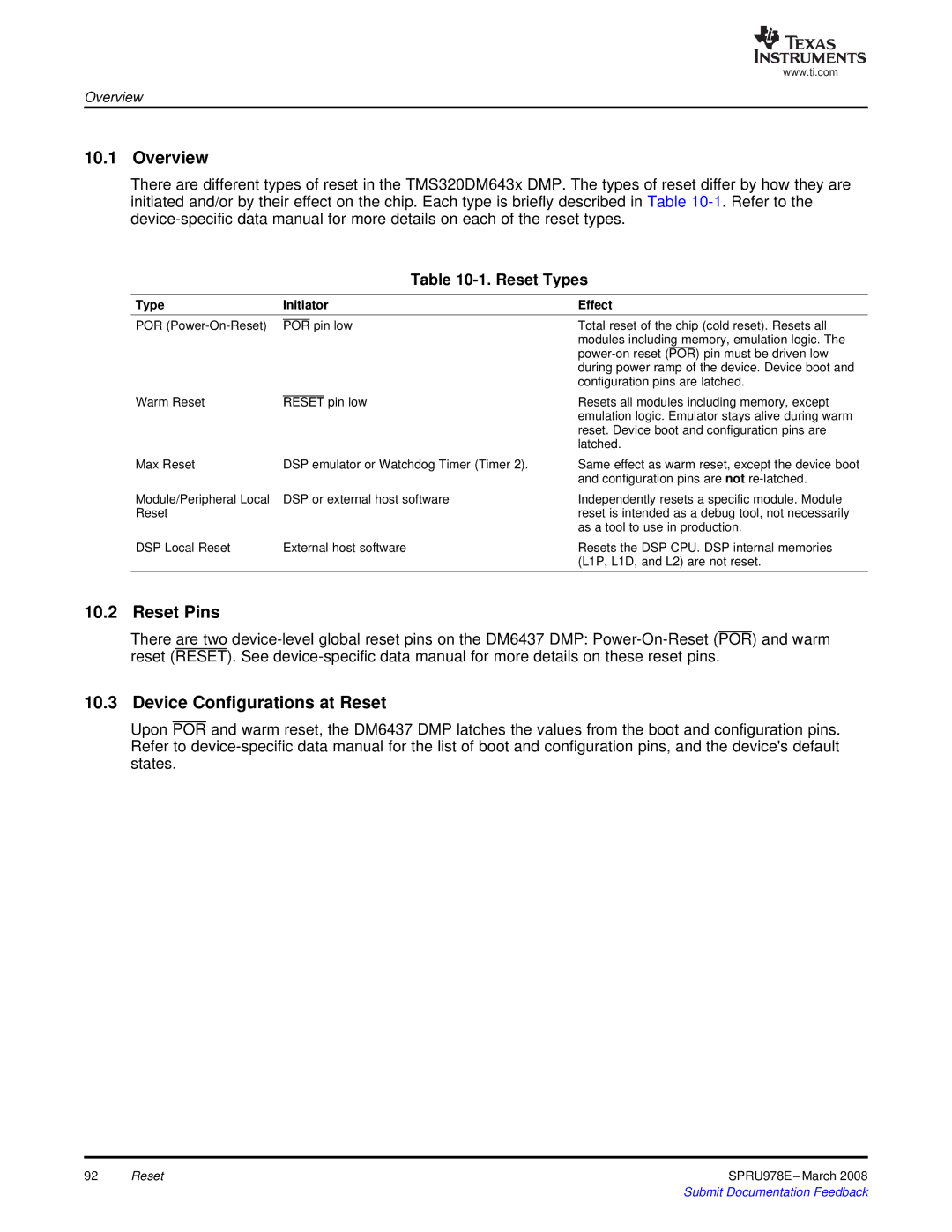 Texas Instruments TMS320DM643x manual Reset Pins, Device Configurations at Reset, Reset Types, Type Initiator Effect 