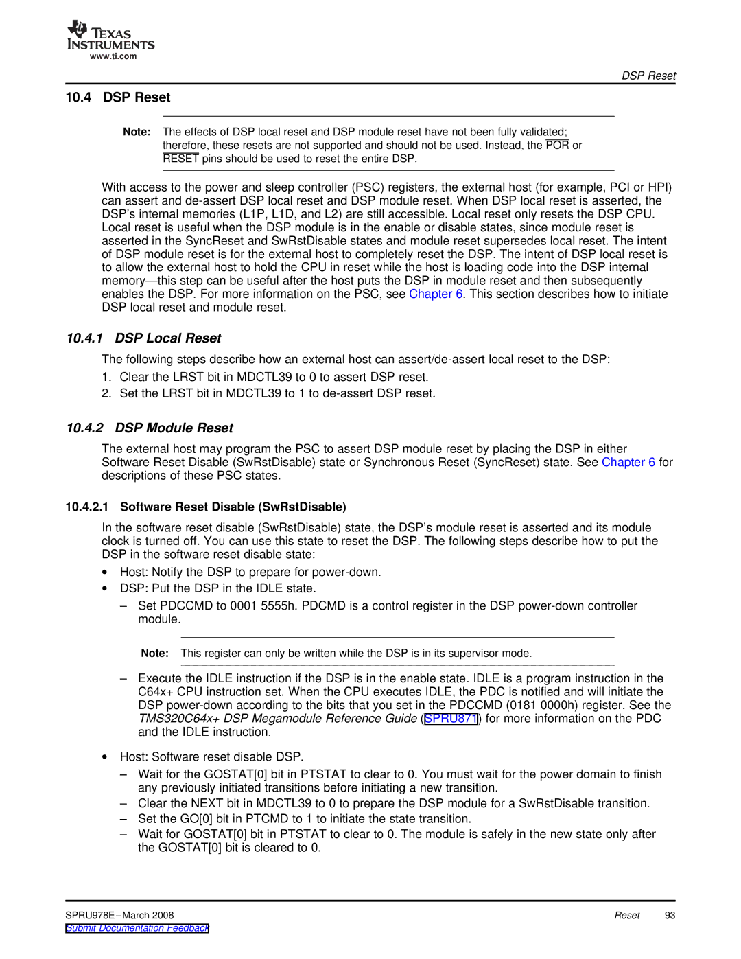 Texas Instruments TMS320DM643x manual DSP Reset, DSP Local Reset, DSP Module Reset, Software Reset Disable SwRstDisable 